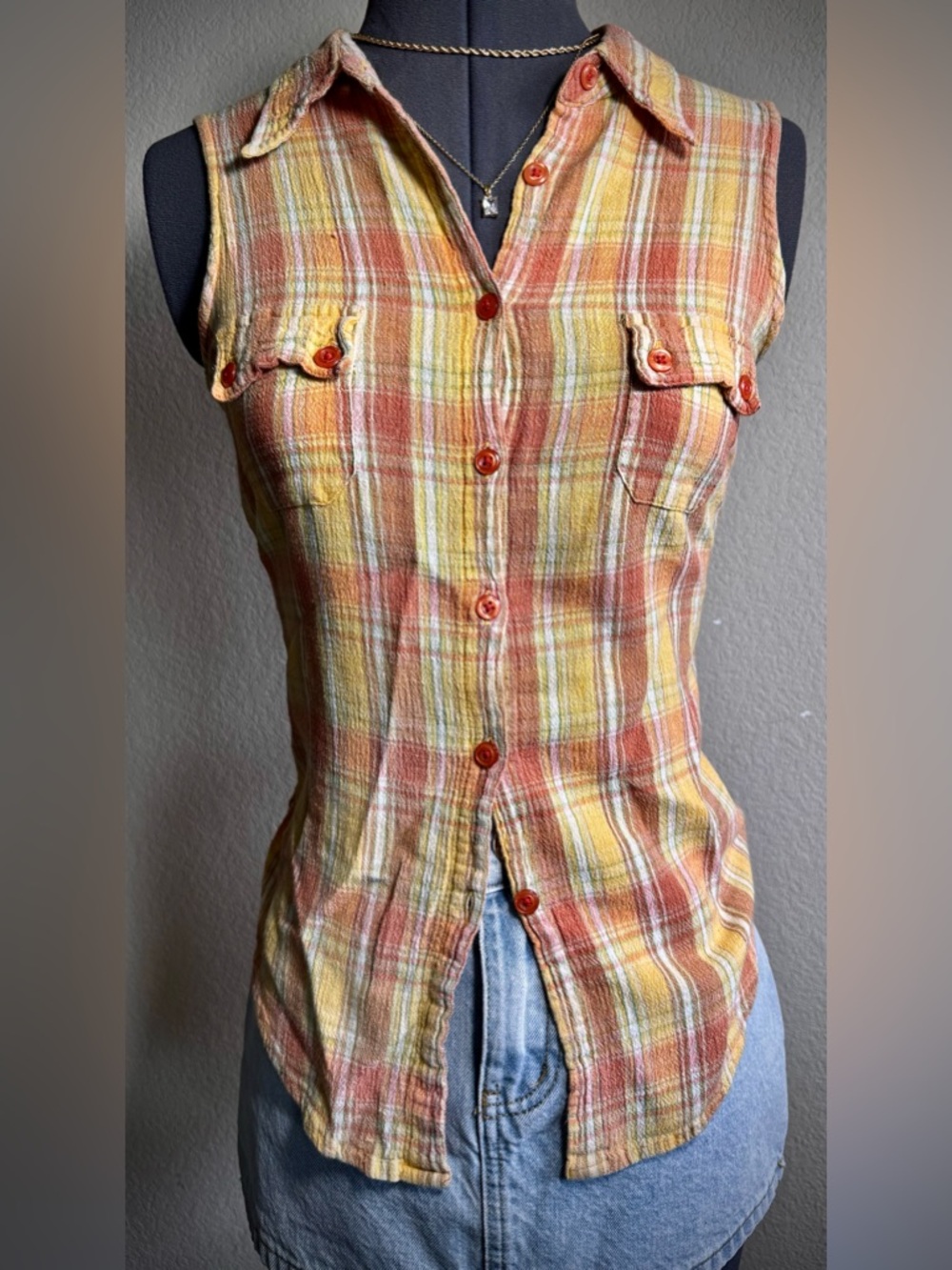 Vintage 90s Kraft Kat Yellow Coral Plaid Tank Top Button Up Shirt M S